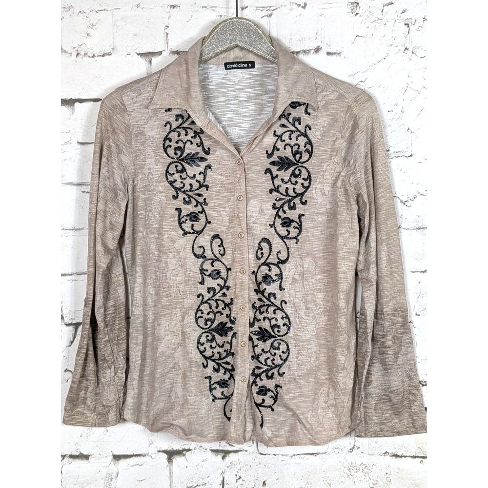 DAVID CLINE Signature Crushed Knit Top in Stone Mini Rhinestone Artsy Medium